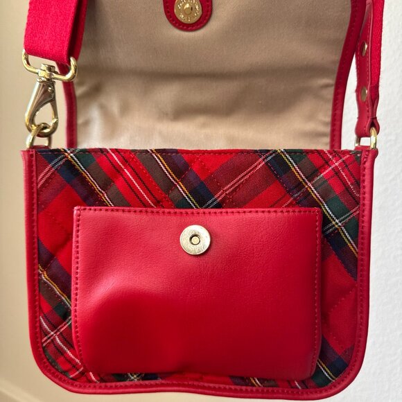 Talbots Red Tartan Plaid Wool Crossbody Bag Leather Flap Holiday Classic - Picture 5 of 15